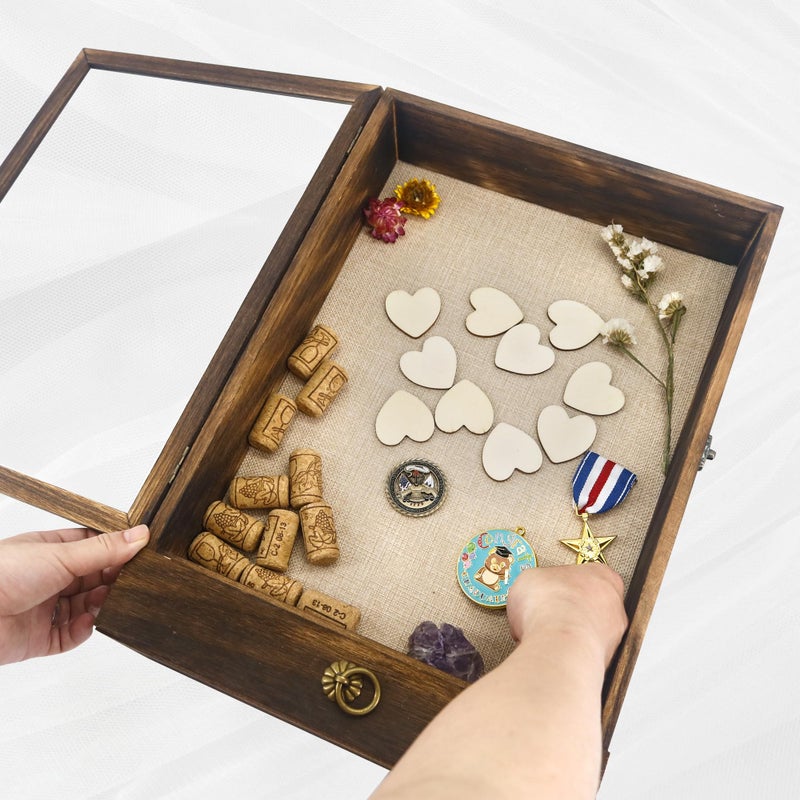 Hodeframe Wedding Shadow Box Frame with Drawer, 2.6" Deep Shadow Box Display Case with Real Glass, Wooden Memory Box for Pictures, Memorial, Medals, Flowers, Wedding Bouquet for Wall or Tabletop Brown - Image 2