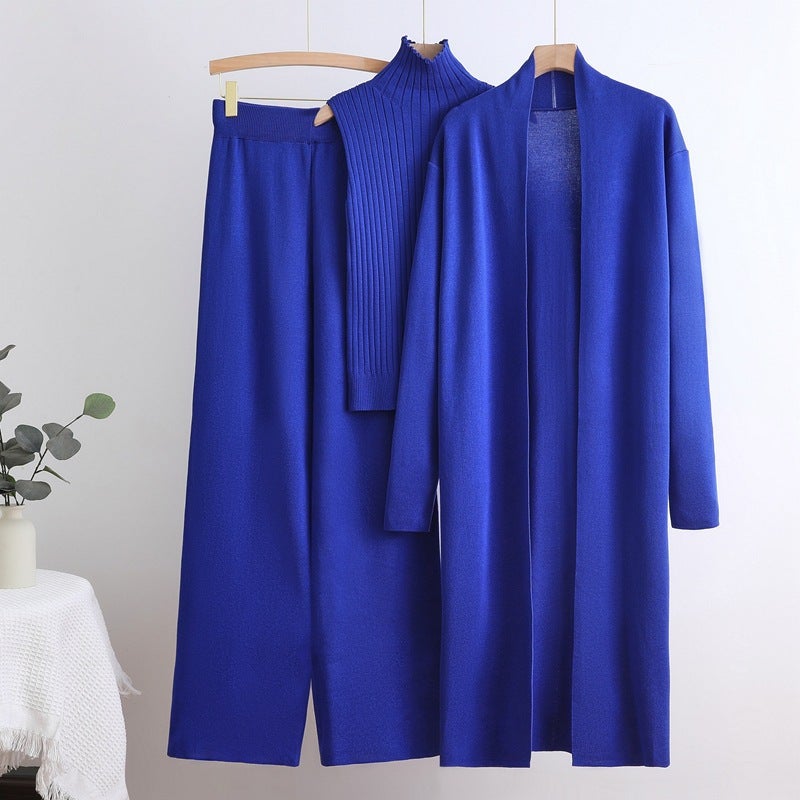Autumn and Winter Goddess Style Long Windbreaker High Collar Inner Vest Sweater Elastic Waist Wide Leg Pants Knitted Three-Piece Suit Burgundy  - Image 5