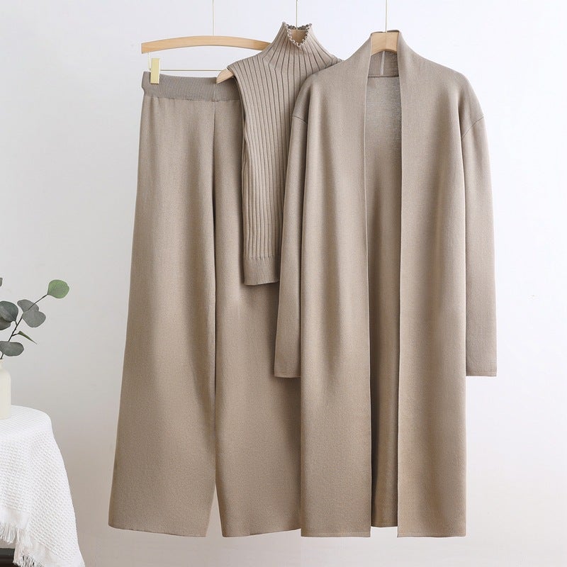 Autumn and Winter Goddess Style Long Windbreaker High Collar Inner Vest Sweater Elastic Waist Wide Leg Pants Knitted Three-Piece Suit Burgundy  - Image 3