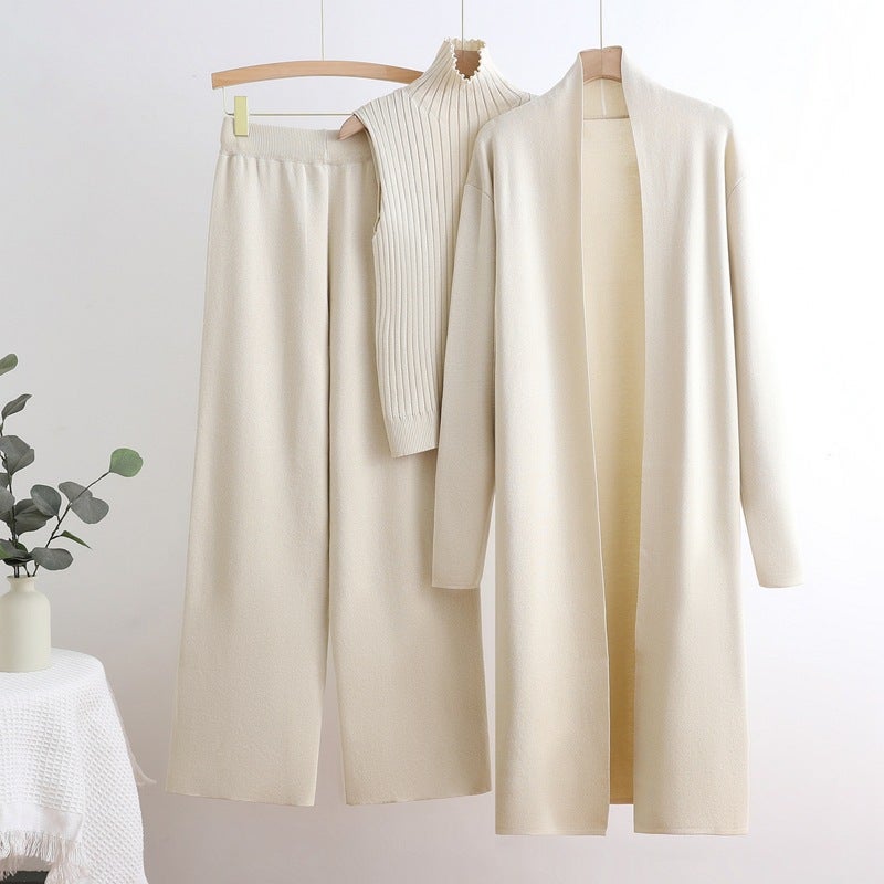 Autumn and Winter Goddess Style Long Windbreaker High Collar Inner Vest Sweater Elastic Waist Wide Leg Pants Knitted Three-Piece Suit Burgundy  - Image 4