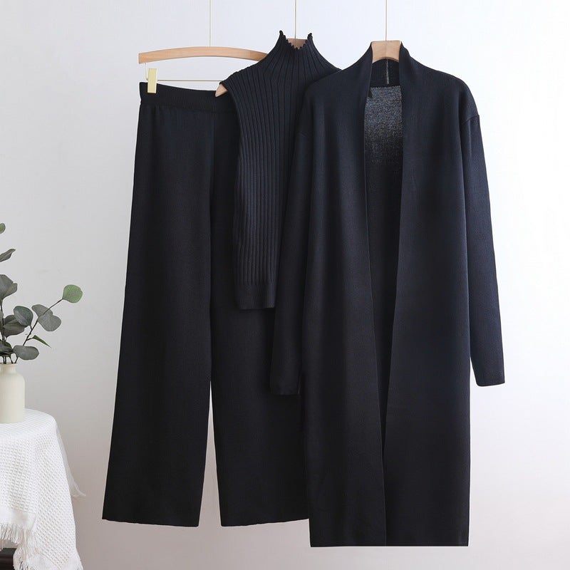 Autumn and Winter Goddess Style Long Windbreaker High Collar Inner Vest Sweater Elastic Waist Wide Leg Pants Knitted Three-Piece Suit Burgundy  - Image 2