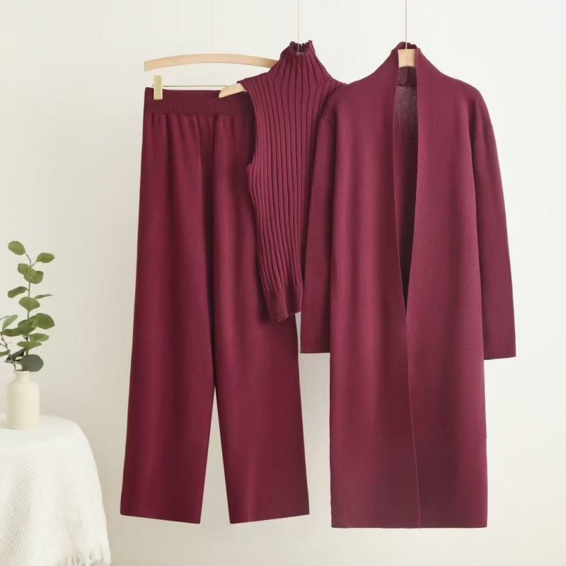 Autumn and Winter Goddess Style Long Windbreaker High Collar Inner Vest Sweater Elastic Waist Wide Leg Pants Knitted Three-Piece Suit Burgundy  - Image 1