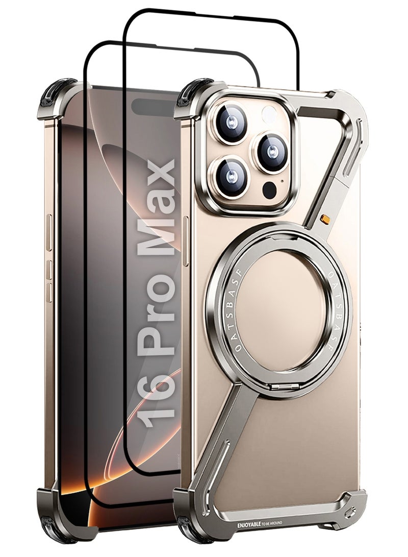 CATANES (for iPhone 16 Pro Max) 3 Pack Case and 2 Screen Protectors 360° Rotation, Aluminum and Metal Stand, Frameless, Shock Grade Protective Case Silver - Image 1