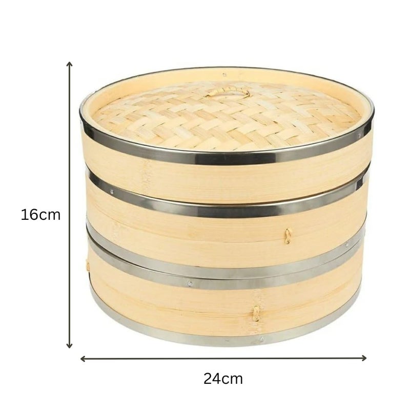 Shoppers Hub PNQ 24cm Wide Bamboo Wood Based Round 2 Layer Dimsum Basket with Lid Steamer Box for Ideal Heavy Duty Use in Hotels, Restaurants and Cafes. (Size: 24cm)  - Image 2