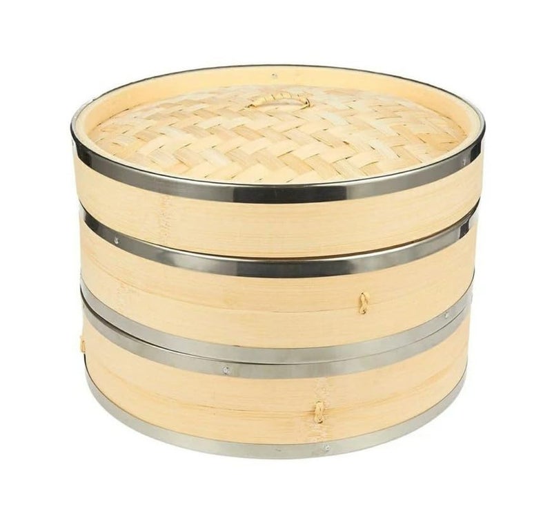 Shoppers Hub PNQ 24cm Wide Bamboo Wood Based Round 2 Layer Dimsum Basket with Lid Steamer Box for Ideal Heavy Duty Use in Hotels, Restaurants and Cafes. (Size: 24cm)  - Image 1