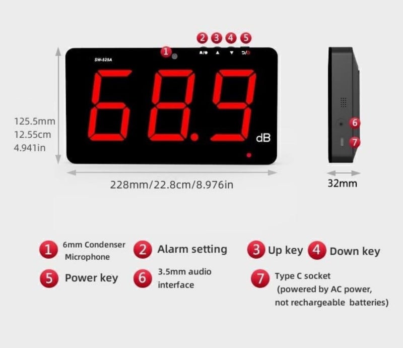 TestHelper SW-525A Sound Level Meter Tester 30-130db Large Screen Red LCD Display Wall Hanging Type Decibel Noise Measuring with Alarm (Sound Level Meter) - Image 2