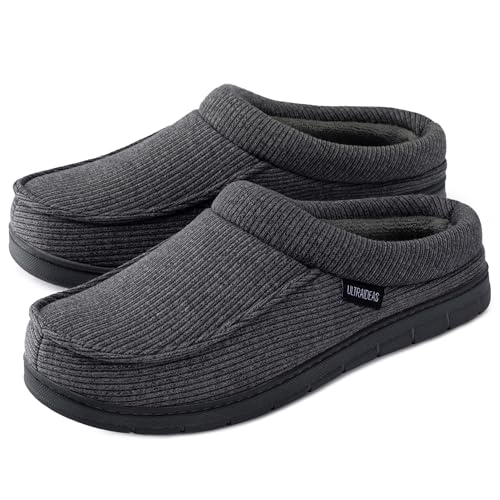 ULTRAIDEAS Men's House Slippers, Indoor Outdoor House Shoes with Non-slip Rubber Sole, Summer Breathable Cotton Blend & Winter Warm Fuzzy Moccasin Slippers, Machine Washable Memory Foam, Gift for Father(Cool Grey, 9-10) - Image 1