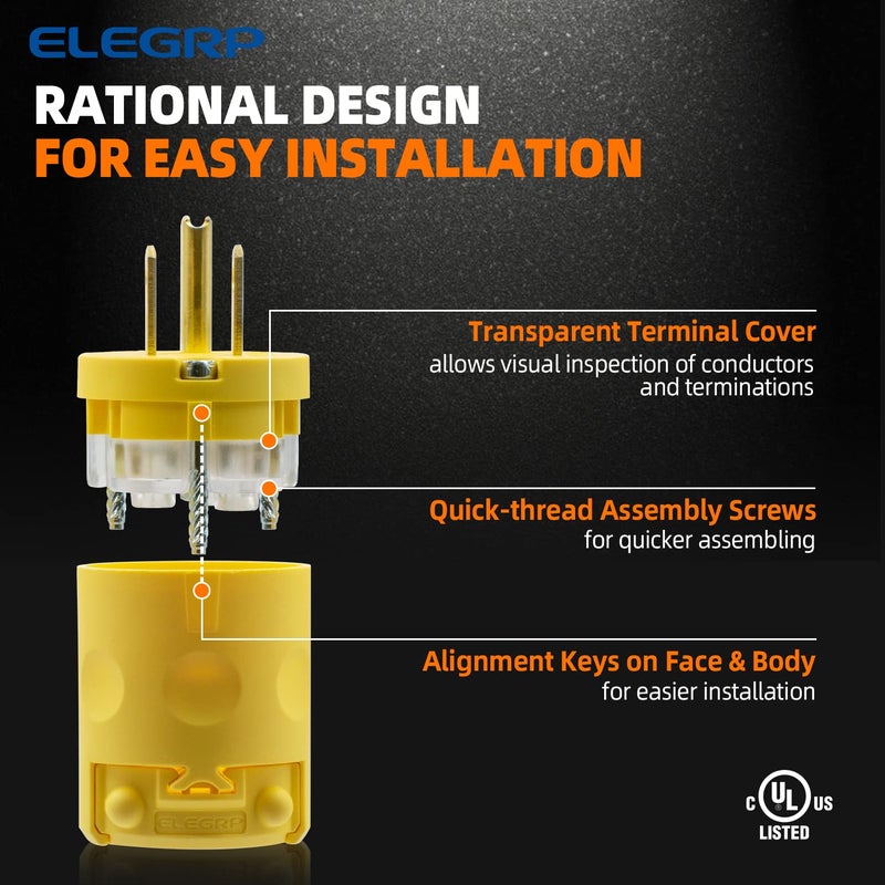 ELEGRP 15 Amp 125 Volt NEMA 5-15P 2 Pole 3 Wire Grounding Straight Blade Electrical Plug Replacement Cord Outlet Commercial Grade, Yellow, 5 Pack - Image 4