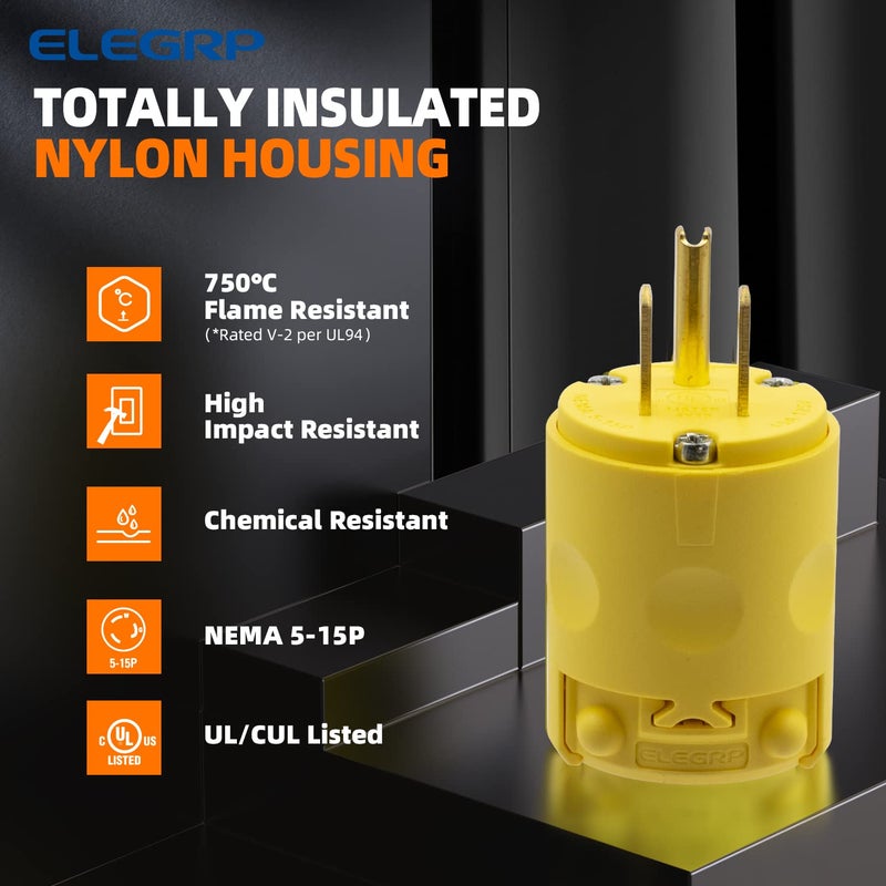 ELEGRP 15 Amp 125 Volt NEMA 5-15P 2 Pole 3 Wire Grounding Straight Blade Electrical Plug Replacement Cord Outlet Commercial Grade, Yellow, 5 Pack - Image 2