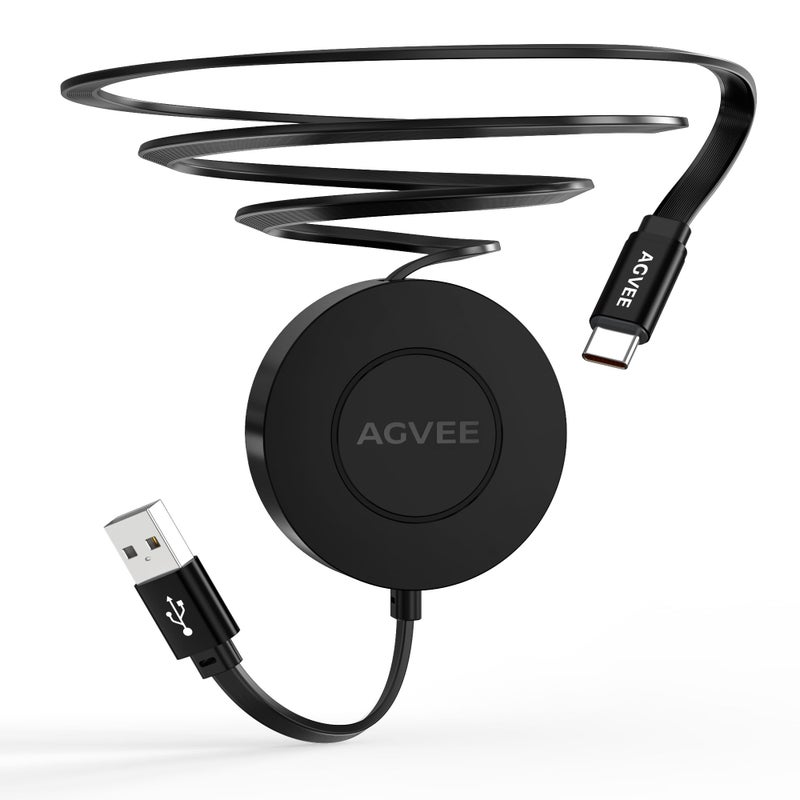 AGVEE 1.6ft Fixed / 2.3ft Extend USB-A to C Charger Cable Mountable One Way Retractable 2.4A Fast Charging Cord, Pocket-Sized for iPhone 16 15, Samsung, Android, Desk Organizer, Black - Image 1