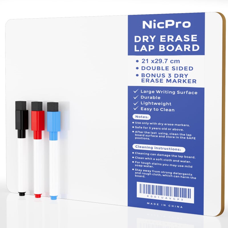 Nicpro 9 x 12 inches Lapboard Small Dry Erase Lap Board Double Sided with 3 Water-Based Pens Learning Mini Whiteboard Portable for Kid Student and Classroom Use - Image 1