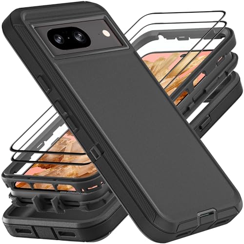 YKHJKLEC for Google Pixel 8 Case Military Grade 3 in 1 Heavy Duty ShockproofDrop ProofDust Proof Case with 2Pcs Tempered Glass Screen Protector BlackBlack - Image 1