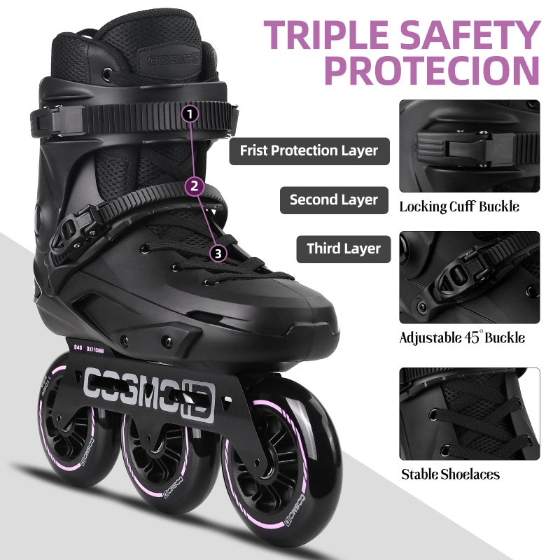 COSMOID Adult Inline Skate - COSMOID High Performance Roller Skates Blades for Women & Men, 3 Wheels 110mm Metal Frame,Indoor Outdoor and Fitness Black - Image 4