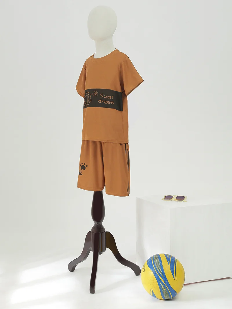 جلو باص Globus Boys Brown Round Neck Short Sleeves Graphic Print T-Shirt & Shorts Co-Ord Set