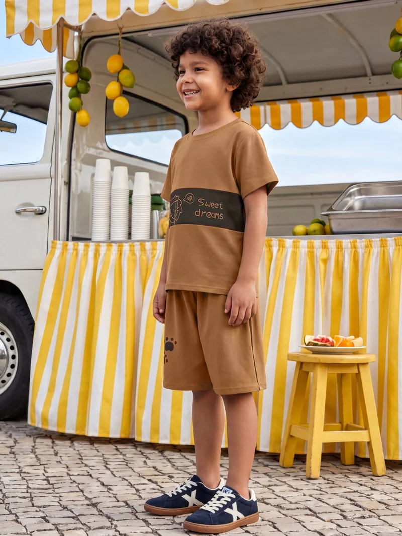 جلو باص Globus Boys Brown Graphic Print Polyester Casual T-Shirt & Shorts Co-Ord Set