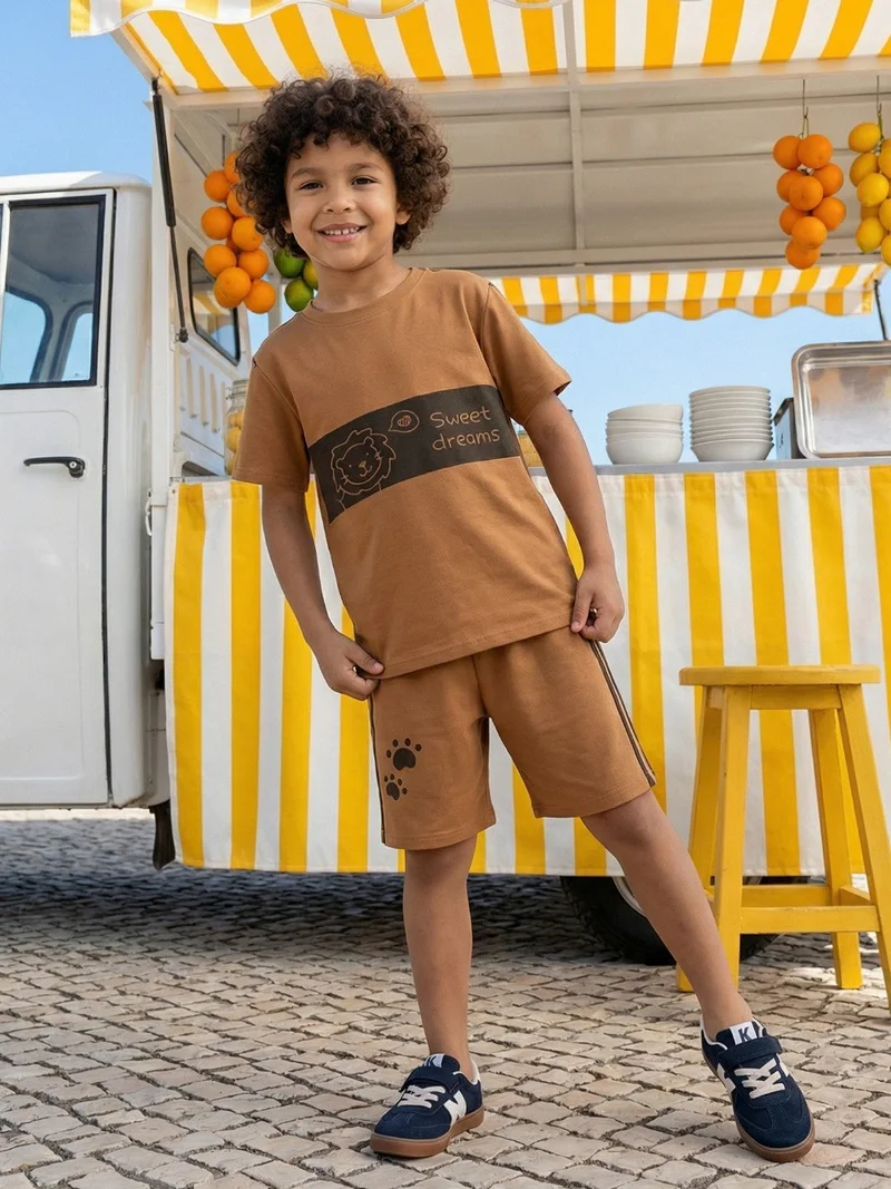 جلو باص Globus Boys Brown Graphic Print Polyester Casual T-Shirt & Shorts Co-Ord Set