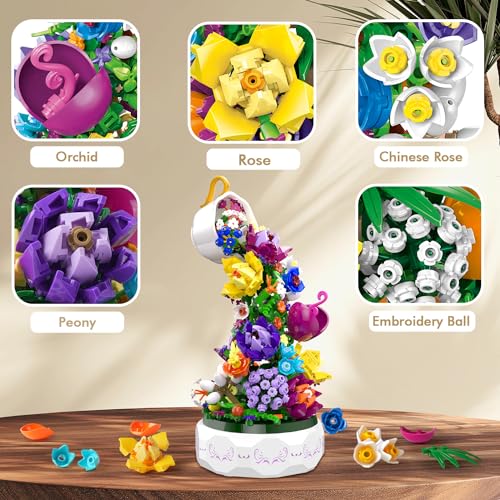 HOGOKIDS Flowers Music Box Building Block Kit with Light- 571PCS Mother's Day Decoration Rotating Music Box Building Blocks Set | Botanical Collection Birthday Gift for Girls Boys Adults Kids Ages 6+ - Image 3
