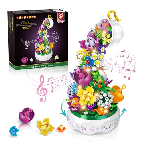 HOGOKIDS Flowers Music Box Building Block Kit with Light- 571PCS Mother's Day Decoration Rotating Music Box Building Blocks Set | Botanical Collection Birthday Gift for Girls Boys Adults Kids Ages 6+ - Image 1