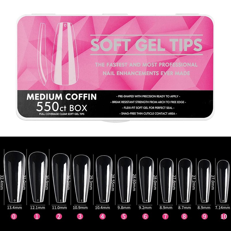 NAILWIND Nail Tips Coffin Soft Gel Nail Tips 550 pcs Medium Coffin Press On Nails 11 Sizes Full Cover Acrylic False Nail Tips for Beginner and Professional Home Salon Diy 01 MEDIUM COFFIN PINK BOX - Image 1
