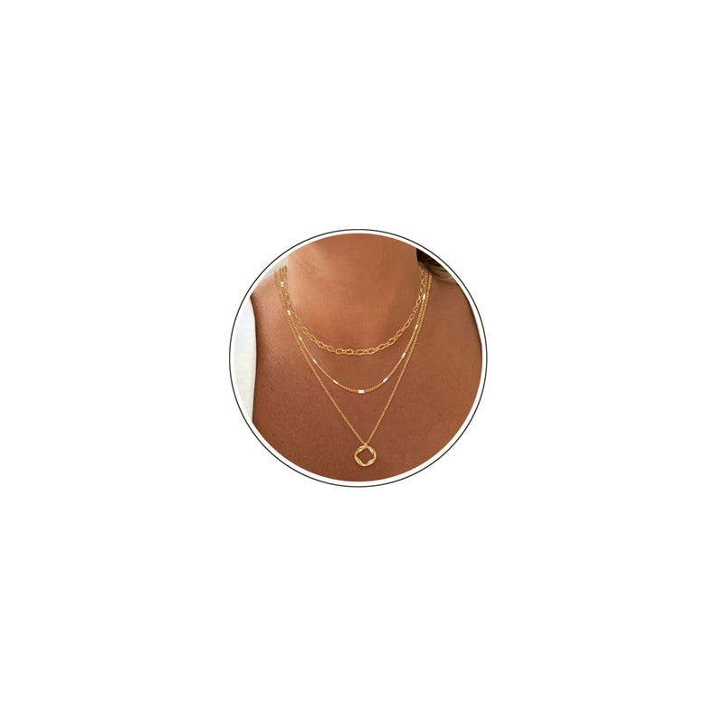 Aisansty Layered Circle Choker Necklace Handmade Gold Plated Twist Circle Pendant Dainty Rhombus Link Chain Adjustable Gold Necklaces Set for Women - Image 1