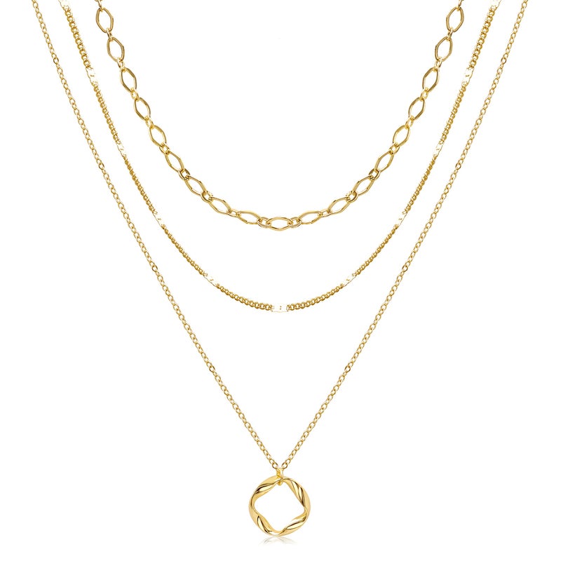Aisansty Layered Circle Choker Necklace Handmade Gold Plated Twist Circle Pendant Dainty Rhombus Link Chain Adjustable Gold Necklaces Set for Women - Image 2