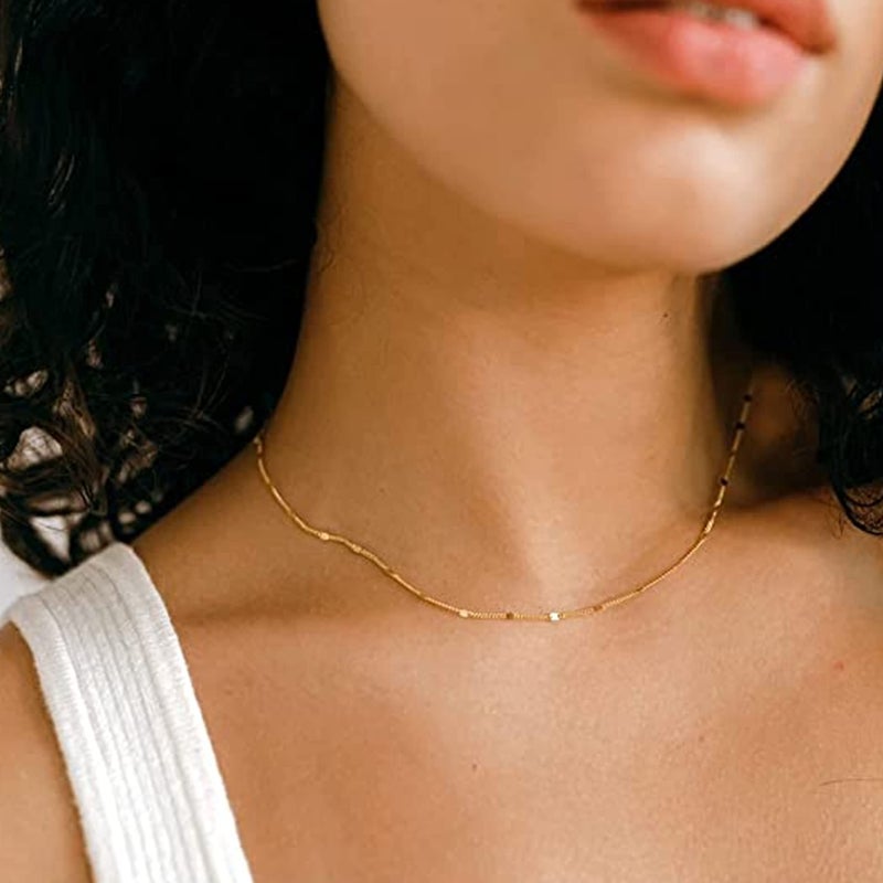 Aisansty Layered Circle Choker Necklace Handmade Gold Plated Twist Circle Pendant Dainty Rhombus Link Chain Adjustable Gold Necklaces Set for Women - Image 4