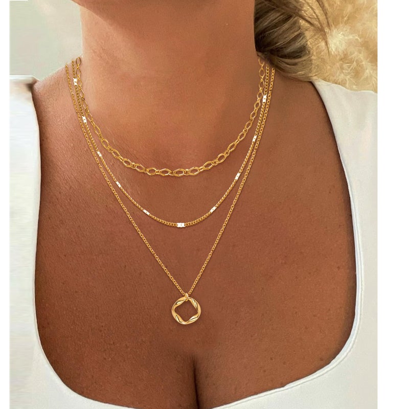 Aisansty Layered Circle Choker Necklace Handmade Gold Plated Twist Circle Pendant Dainty Rhombus Link Chain Adjustable Gold Necklaces Set for Women - Image 3