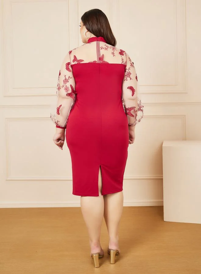 Styli Butterfly Embroidered Tie Up Neck Bodycon Midi Dress