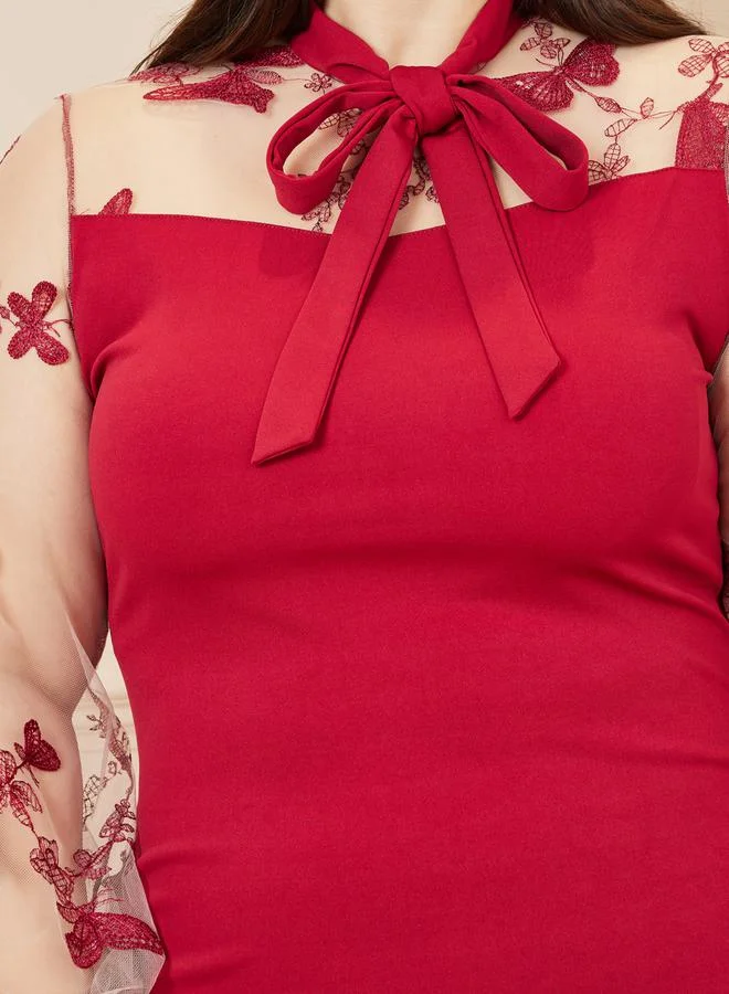 Styli Butterfly Embroidered Tie Up Neck Bodycon Midi Dress