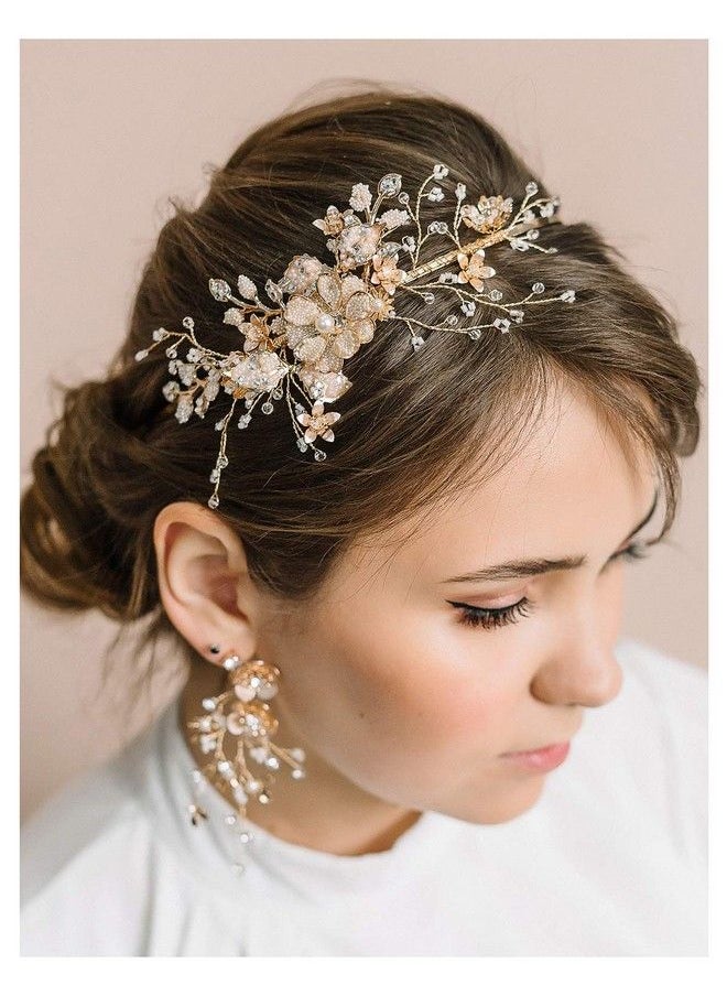 SWEETV Flowerleaf Bridal Headband Gold Crystal Tiara For Women Pearl Wedding Headpieces For Bride Hair Accessories For Prom Birthday Party  - Image 3