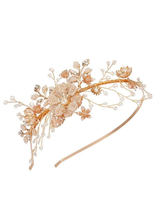 SWEETV Flowerleaf Bridal Headband Gold Crystal Tiara For Women Pearl Wedding Headpieces For Bride Hair Accessories For Prom Birthday Party  - Image 2