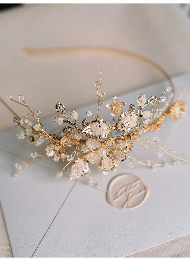 SWEETV Flowerleaf Bridal Headband Gold Crystal Tiara For Women Pearl Wedding Headpieces For Bride Hair Accessories For Prom Birthday Party  - Image 5