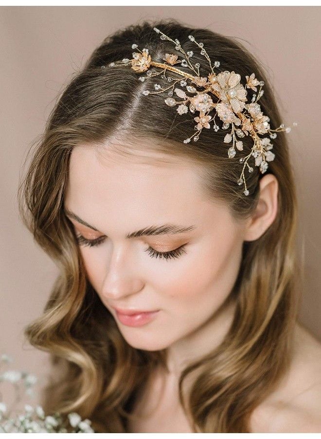 SWEETV Flowerleaf Bridal Headband Gold Crystal Tiara For Women Pearl Wedding Headpieces For Bride Hair Accessories For Prom Birthday Party  - Image 4