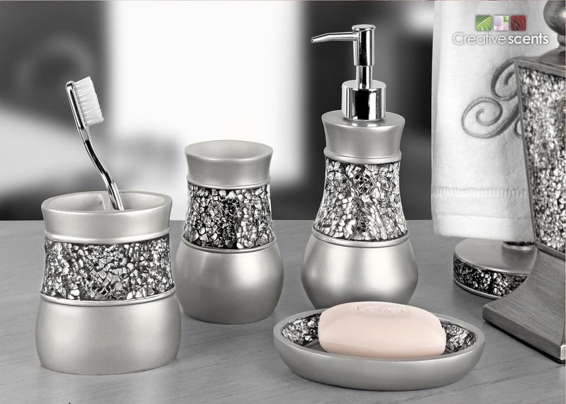 Creative Scents Crackled Glass Bathroom Tumbler Cup - Decorative Silver Crackled Glass Rinse Mug for Water, Best Tumblers for Mouthwash/Rinsing - Image 1