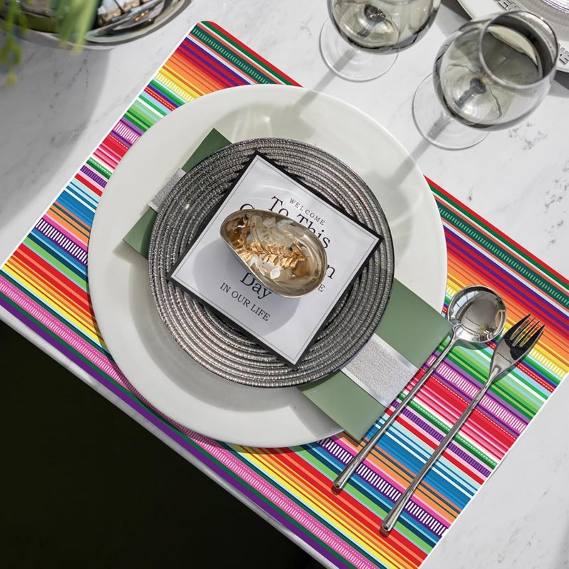 Tarklanda طقم مفارش بلاستيكية ملونة لمهرجان المكسيك مكون من 6 قطع مخططة لعيد Cinco De Mayo مقاس 16x 11 بوصة قابلة للغسل مفارش طاولة فينيل للاستخدام الداخلي والخارجي لمائدة العشاء في المطبخ - Image 4