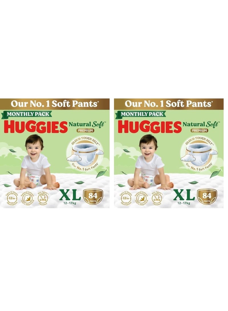 Huggies Natural Soft Premium Baby Diaper Pants, Our No.1 Soft Pants, Extra Large (XL) Size (12-17 Kgs), Monthly Pack of 84*2 diapers | Cloud Softness All over with India's 1st Cloud Touch Belt - Image 1
