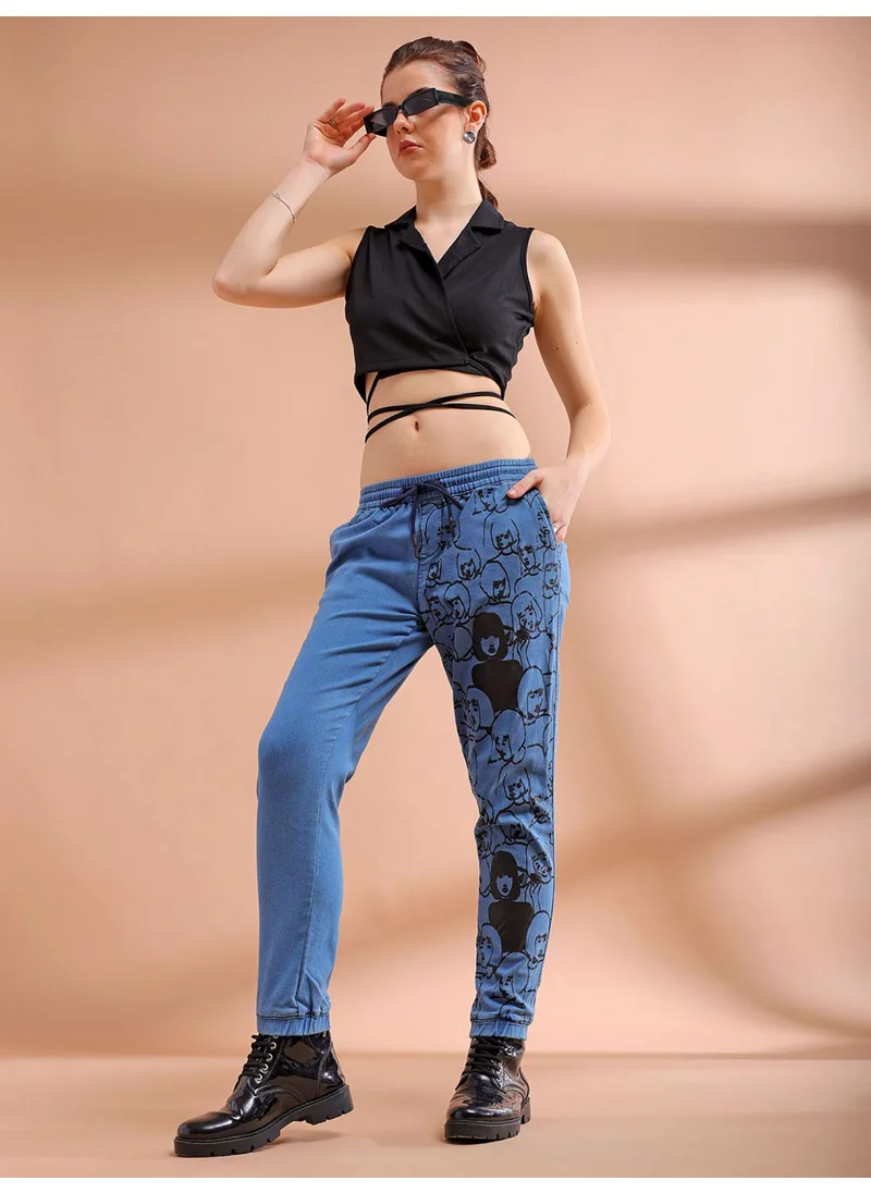 مرفوعة Light Blue Women Regular Casual Placement Print Ankle Denim Jogger