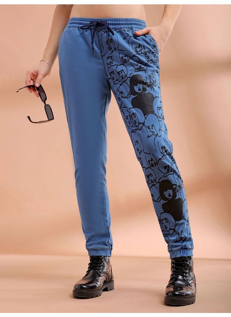 مرفوعة Light Blue Women Regular Casual Placement Print Ankle Denim Jogger