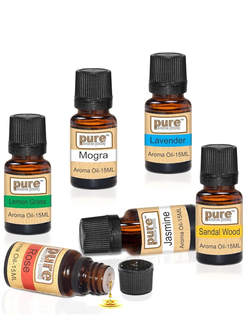 بيور زيت ناشر للروائح العطرية الهندية من بيور سورس، زيت اللافندر، عشب الليمون، الورد، الياسمين، خشب الصندل والموغرا، 15 مل، كل مجموعة متعددة الألوان مكونة من 6 قطع - Image 1
