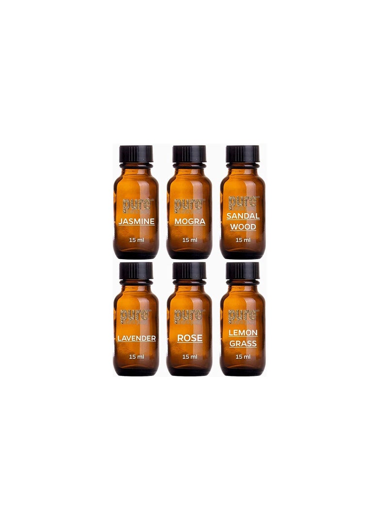 PURE - Pure Source India Aroma Diffuser Oil Lavender Lemongrass Rose Jasmine Sandalwood and Mogra 15ml Each Multicolour  Set of 6 - Image 1