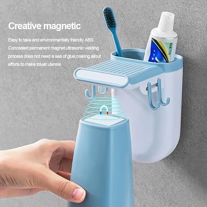 Jigva Toothbrush Toothpaste Holder Magnetic Cup Bathroom Storage Rack Wall Mount Tools Home Cleaner Accessories Hole Free Suction Couple Mouthwash (Pack of 1) - Image 5