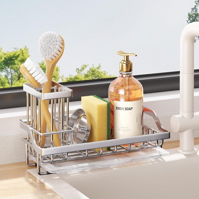 Consumest Sink Caddy, Kitchen Sponge Holder + Dish Brush Holder for Kitchen Sink, Sink Organizer with Drip Tray for Countertop, Stainless Steel Rustproof - Silver - Image 1