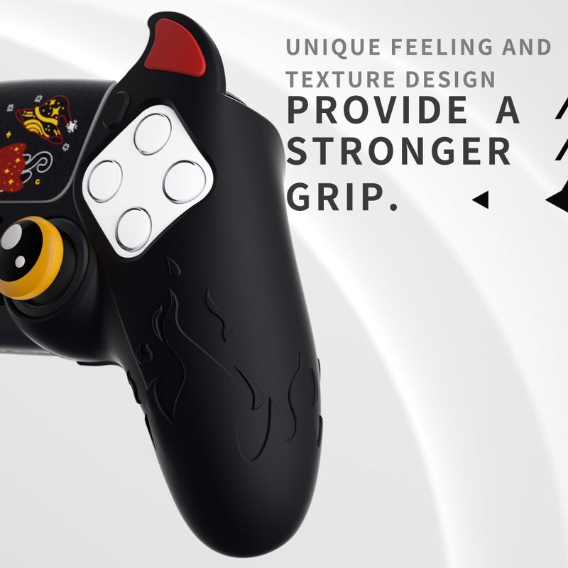 PlayVital Halloween Cute Demon Controller Silicone Case for ps5, Kawaii Controller Cover Gamepad Skin Protector for ps5 with Touch Pad Sticker & Thumb Grip Caps - Black - Image 4