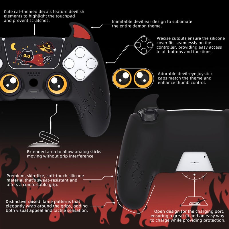 PlayVital Halloween Cute Demon Controller Silicone Case for ps5, Kawaii Controller Cover Gamepad Skin Protector for ps5 with Touch Pad Sticker & Thumb Grip Caps - Black - Image 5
