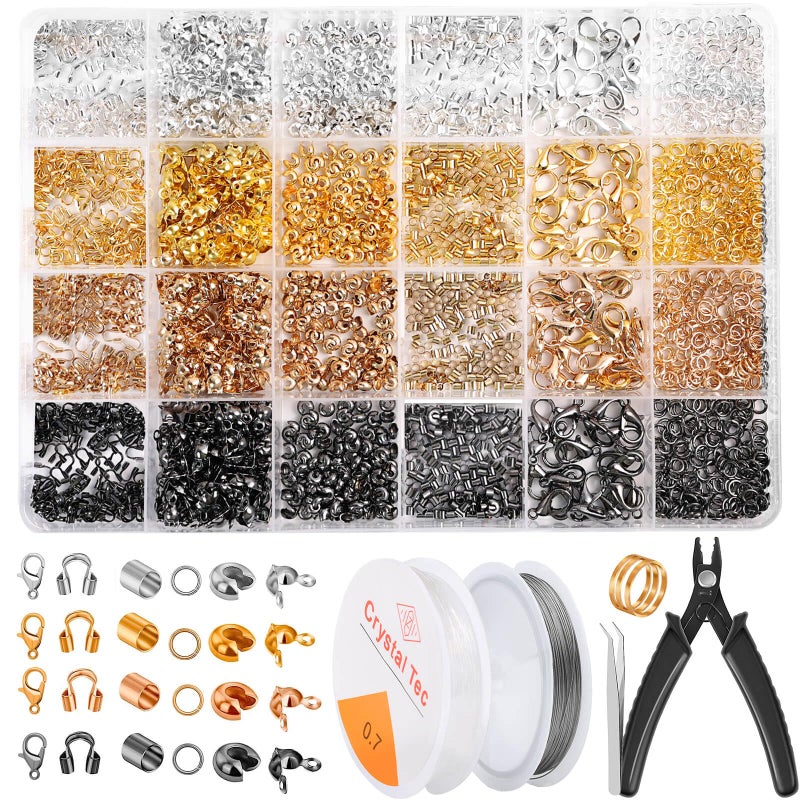 Acejoz 2160 Pieces Crimp Beads Kit for Jewelry Making Knot Covers Crimp Bead Covers Crimp Tubes Jump Rings and Wire Guardians with Crimping Pliers Elastic String for Bracelets Necklaces Making