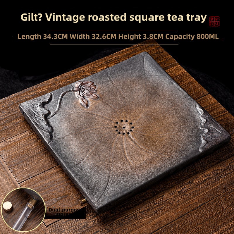 Ceramic Lotus Kung Fu Tea Tray Gold-plated Retro Burning Fang Lian Tea Tray [With Drain Pipe]] 