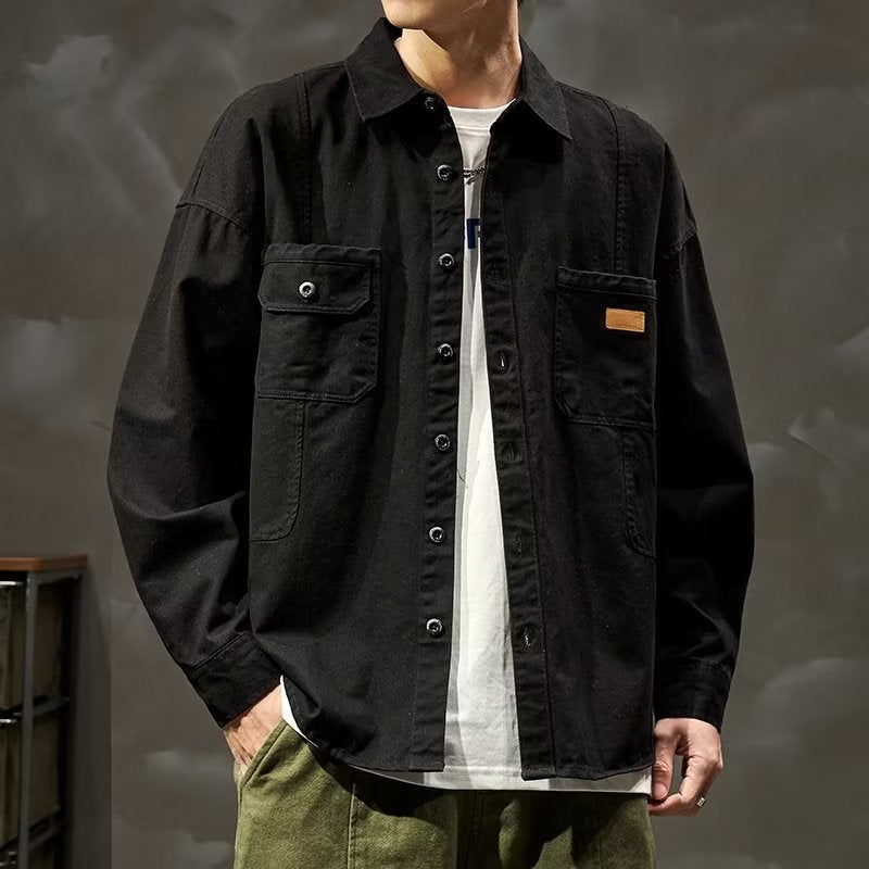 2024 Trendy Workwear American Style Shirt Jacket Men Autumn Winter Black - Image 1