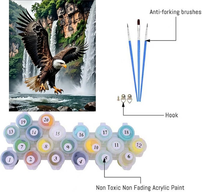 askkqtx Eagle Paint by Numbers Kit for Adults, DIY Waterfall Paint by Numbers for Beginner, Watercolor Oil Painting by Number on Canvas for Home Decor and Gifts 16x20 Inch - Image 3