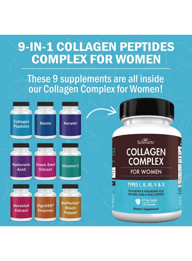 BioSchwartz كبسولات ببتيد الكولاجين المهدرج للنساء - مكمل متعدد الكولاجين الأنواع I, II, III, V, X مع فيتامين C, البيوتين, الكيراتين - دعم للبشرة والشعر والأظافر - 135 كبسولة - Image 2