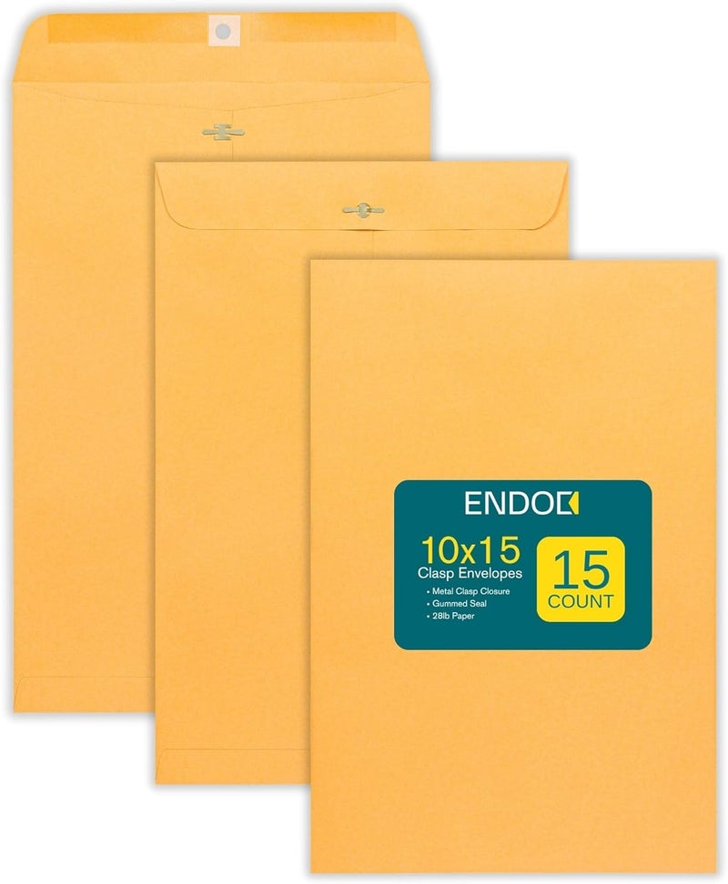 EnDoc Clasp Envelopes - 10 x 15 Inch Brown Kraft Catalog Envelopes with Clasp Closure & Gummed Seal – 28lb Heavyweight Paper Jumbo Envelopes for Home, Business, Legal or School 10x15 15 Pack, - Image 1